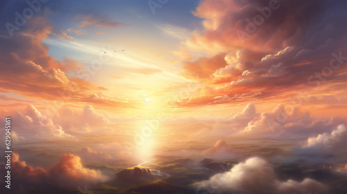 Heavenly Sky, Sunset Above the Clouds Painting, Representing Hope, Divinity, and The Heavens, Generative AI