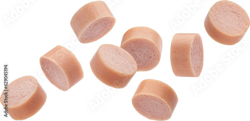 Принти на полотні Falling Frankfurter sausage slices isolated