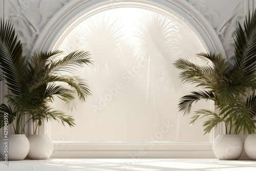 Abstract white studio background for product presentation. Empty room with shadows from windows and flowers and palm leaves. 3D room with copy space. Ai generative