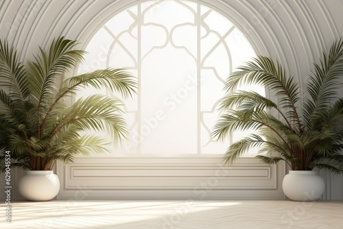 Abstract white studio background for product presentation. Empty room with shadows from windows and flowers and palm leaves. 3D room with copy space. Ai generative © InfiniteStudio