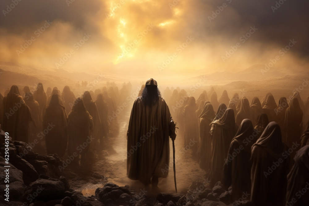 Moses leads the Jews through the desert, Moses led his people to the Promised Land through the Sinai desert. Religion Bible, History. Escape. - obrazy, fototapety, plakaty 