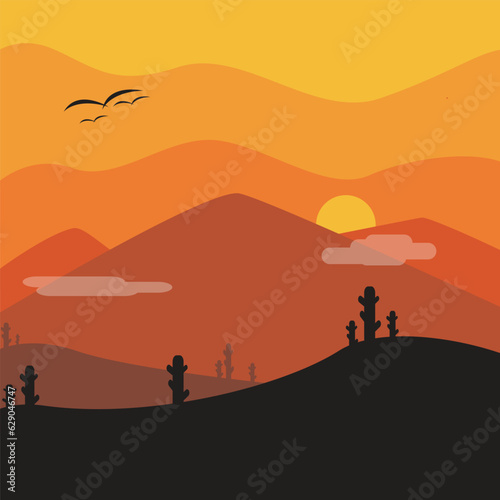 Background Vector flat illustration  sunset summer background in the desert with silhouette Background  with simple minimalist Concept.