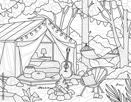 Landscape with tent and campfire. Outline landscape in zen tangle style with campsite and guitar, hammock and trees. Antistress coloring book for adults and children. Linear flat vector illustration
