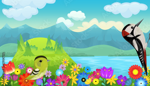 cartoon happy fairy tale scene with nature forest and funny bird on meadow illustration for children