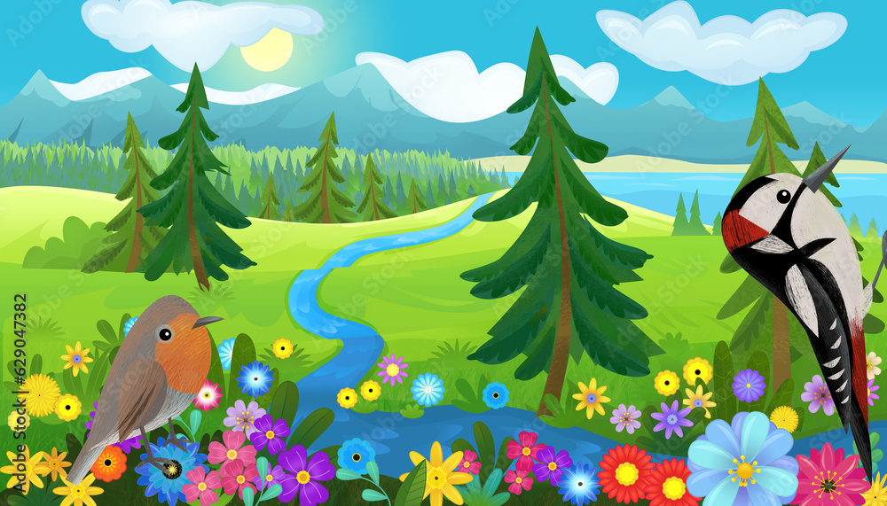 cartoon happy fairy tale scene with nature forest and funny bird on meadow illustration for children cartoon happy fairy tale scene with nature forest and funny bird on meadow illustration for children