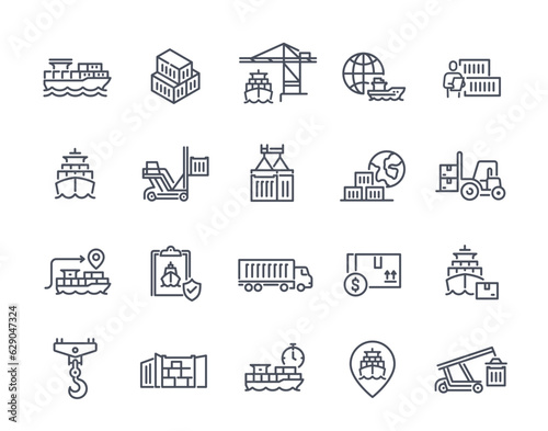 Cargo delivery by ship icons set. Outline port Logistics Related stickers. Sea route and loading process of container stacking on ship and cars. Linear flat vector isolated on white background