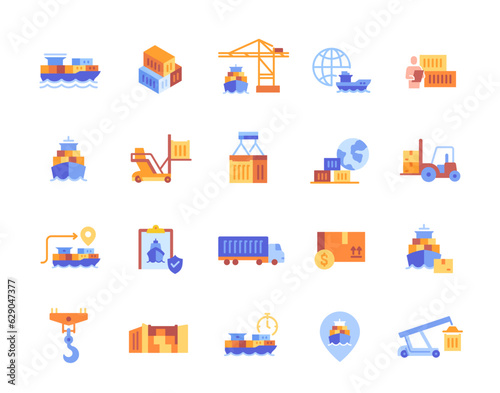 Cargo delivery by ship icons set. Colorful stickers with loading process of stacking containers. Sea route with logistics related port, ships and cars. Cartoon flat vector isolated on white background