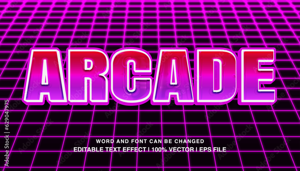 Arcade editable text effect template, 3d bold purple neon glow retro style typeface, premium vector