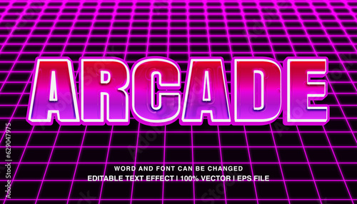 Arcade editable text effect template, 3d bold purple neon glow retro style typeface, premium vector