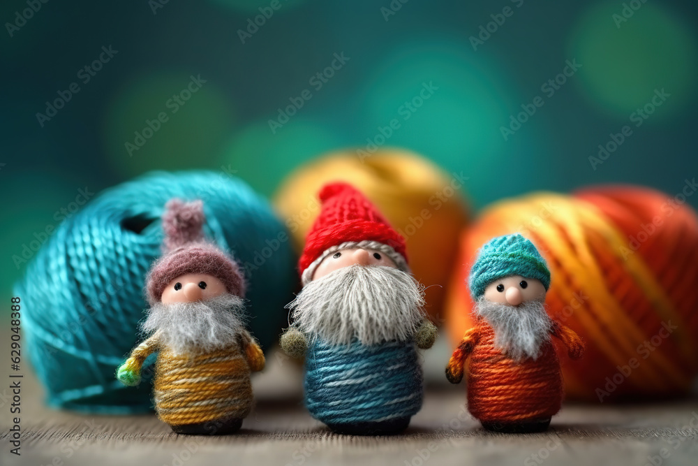 Abstract Christmas background with cute gnomes woven from knitting threads. Template for greeting card with copy space for text. Generative AI.