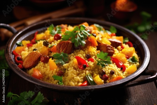 couscous with meat, vegetables and herbs on a dark rustic wooden background