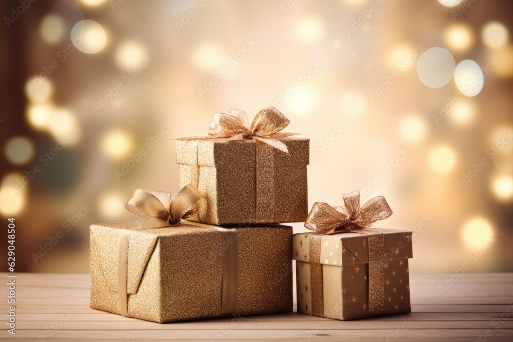christmas and new year background - gift boxes and pine cones and branches on the background of bokeh garlands christmas and new year background - gift boxes and pine cones and branches on the background of bokeh garlands