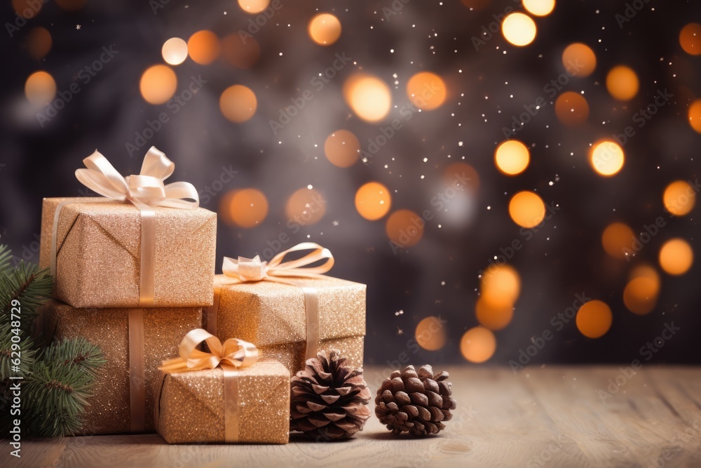 christmas and new year background - gift boxes and pine cones and branches on the background of bokeh garlands