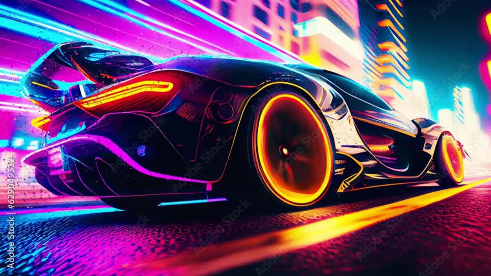 car in motion blur, exotic sport car in futuristic city with neon lights. infinity loop video