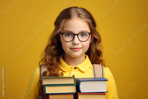 cute girl in glasses holding books, ready to go back to school on yellow background. to study, to learn. AI generated illustration