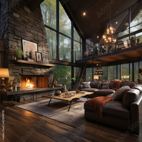  Cabin living room with a stone fireplace 