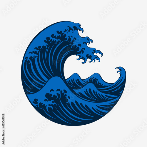 Blue big wave logo. Retro design. Vector illustration