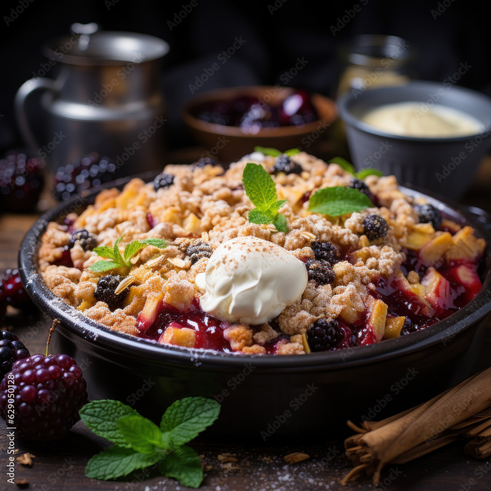 A crumble with apple filling blackberries
A crumble with apple filling blackberries