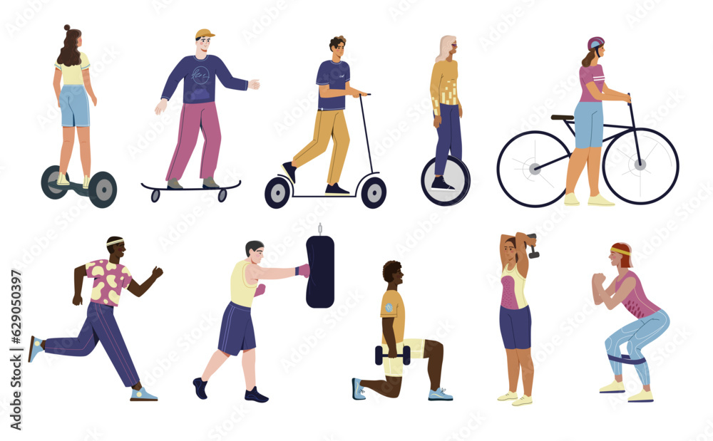 People and sports set. Characters doing exercises and squat in gym, boxing and running, riding electric scooter and bicycle, skateboard and hoverboard. Cartoon flat vector isolated on white background