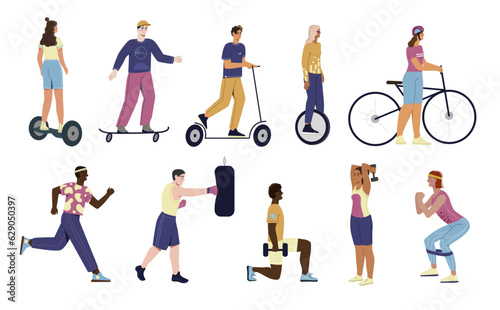 People and sports set. Characters doing exercises and squat in gym, boxing and running, riding electric scooter and bicycle, skateboard and hoverboard. Cartoon flat vector isolated on white background