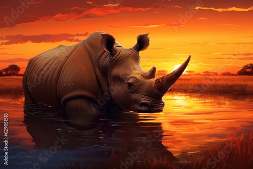 rhinoceros on the background of the sunset. ai generative
