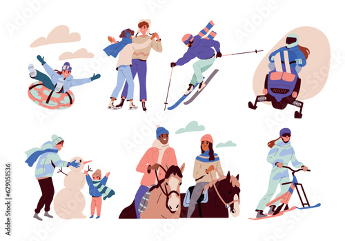 People at winter outdoor activities set. Characters skate and ski, ride horses and scooters, slides and build snowmen together. Leisure and sport. Cartoon flat vector isolated on white background