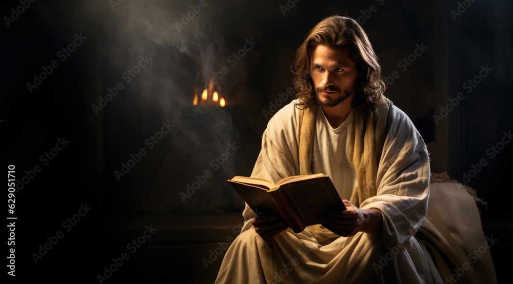 Jesus holding a Bible sitting looking at the camera 