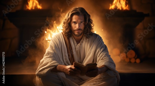 Jesus holding a Bible sitting looking at the camera 