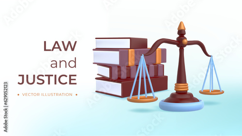 Web page of law and justice. Online page of site with balancing scales and legal textbooks 3d isometric realistic style. Prosecutor, lawyer and justice concept. Cartoon flat vector illustration