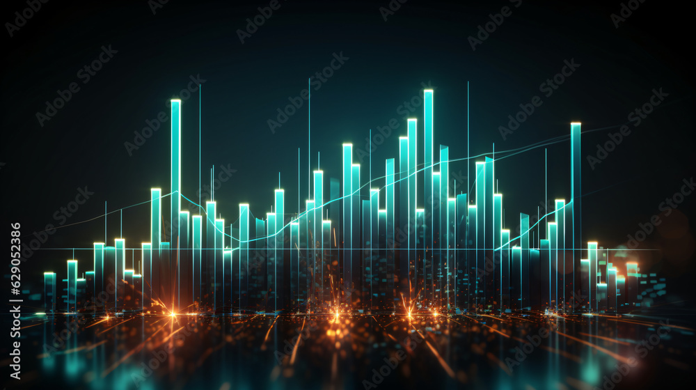 Perspective view of stock market growth, business investing and data concept with digital financial chart graphs Perspective view of stock market growth, business investing and data concept with digital financial chart graphs