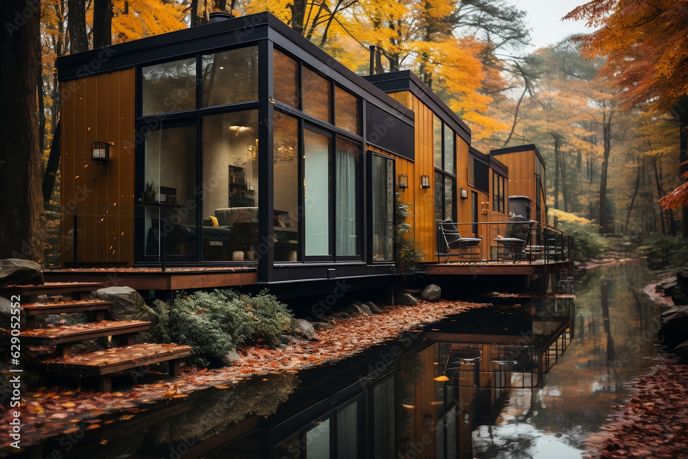 modern house in the woods in autumn, beautiful exterior big windows, modern backyard garden luxury cozy