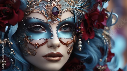 Venetian carnival mask and beaded jewelry on a woman, close-up. Von Mardi Gras. Venice Carnival