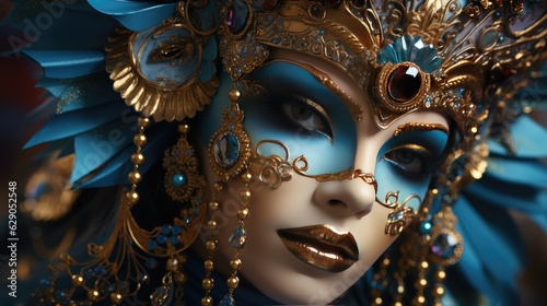 Venetian carnival mask and beaded jewelry on a woman, close-up. Von Mardi Gras. Venice Carnival