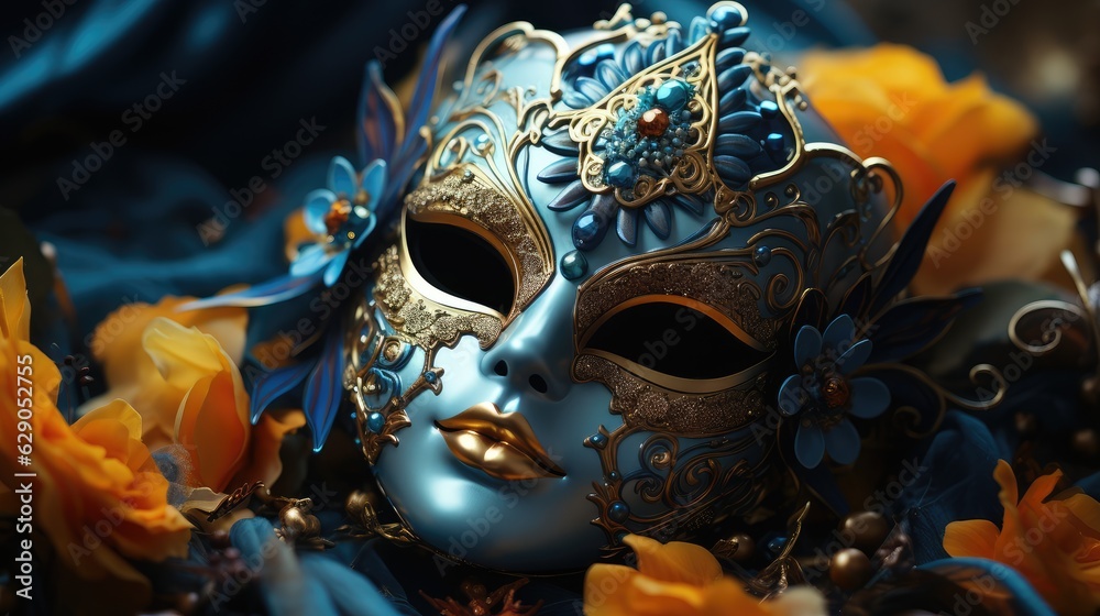 Venetian carnival mask and beaded jewelry on a woman, close-up. Von Mardi Gras. Venice Carnival Venetian carnival mask and beaded jewelry on a woman, close-up. Von Mardi Gras. Venice Carnival