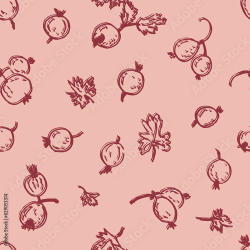 Doodle seamless pattern with monochrome gooseberry berries. Perfect print for tee, paper, textile and fabric. Hand drawn vector illustration.