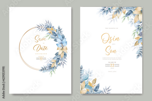 wedding invitation card with blue leaves watercolor