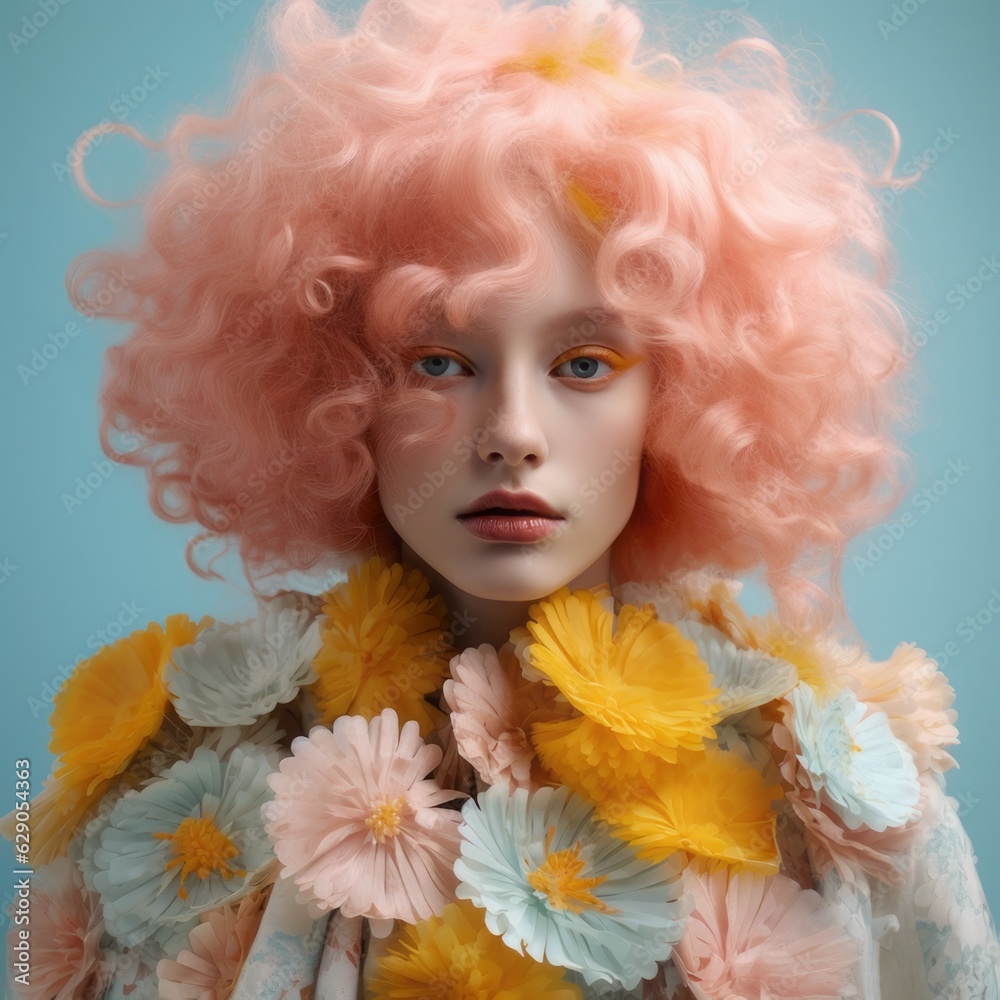 Fototapeta premium Beautiful young girl surrounded by fresh flowers on her pastel colored hair. Concept of spring, fresh flowers and bright colors. Generative AI.