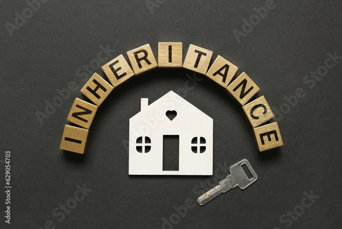 Canvas-taulu Word Inheritance made with cubes, house model and key on black background, flat