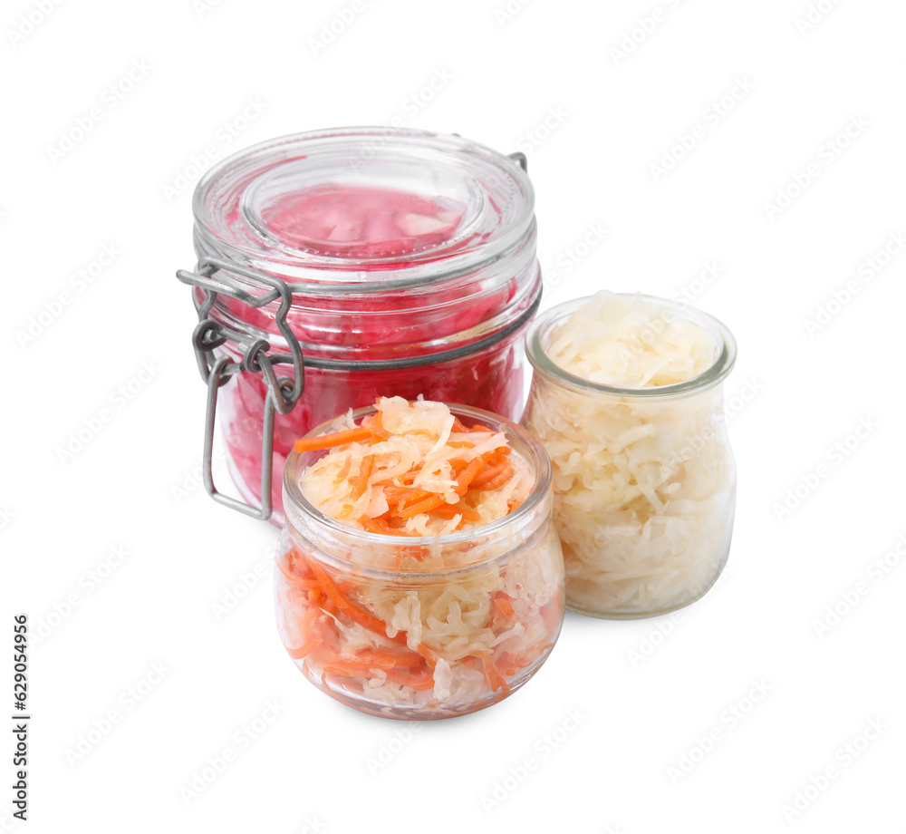 Delicious sauerkraut prepared according to different recipes on white background