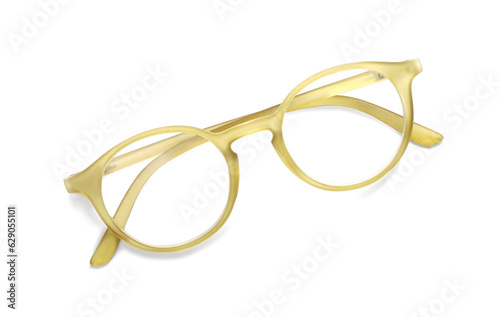 Glasses with corrective lenses on white background, top view