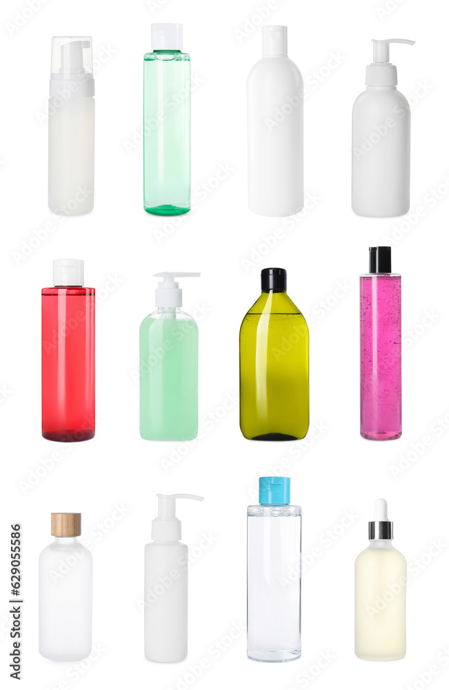 Set of different face cleansers or other cosmetic products isolated on white Set of different face cleansers or other cosmetic products isolated on white