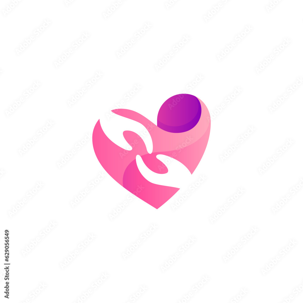 Heart logo design with hand care combination