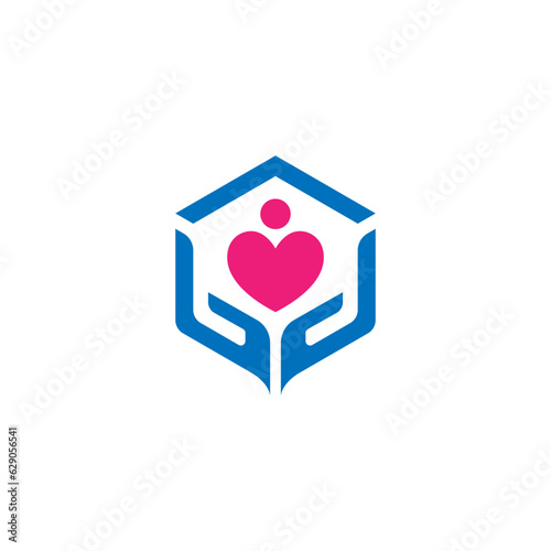 Charity logo design with hand, love and home combination