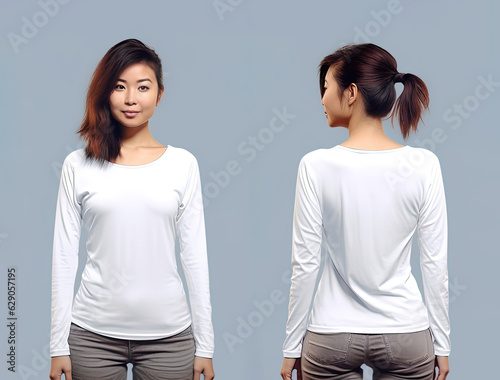 Woman wearing a white T-shirt with long sleeves. Front and back view