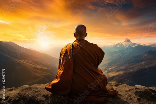 Peaceful Contemplation. Tibetan Monk Seated in Meditation on the Mountain Summit. AI Generative