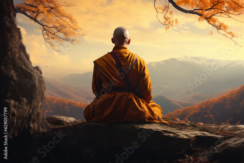 Peaceful Contemplation. Tibetan Monk Seated in Meditation on the Mountain Summit. AI Generative photo