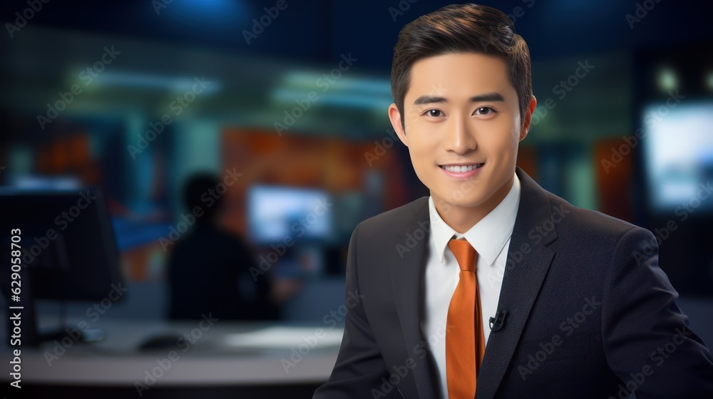 a photo of a asian tv news presenter on a popular channel. live stream broadcast on television. handsome chinese guy in a suit. weather forecast in a studio. Generative AI a photo of a asian tv news presenter on a popular channel. live stream broadcast on television. handsome chinese guy in a suit. weather forecast in a studio. Generative AI