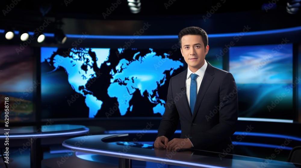 a photo of a tv news presenter on a popular channel. live stream broadcast on television. handsome white american british guy in a suit. weather forecast in studio. world map background. Generative AI - obrazy, fototapety, plakaty 