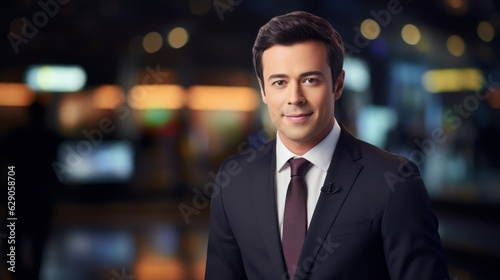 a photo of a tv news presenter on a popular channel. live stream broadcast on television. handsome white american british guy in a suit. weather forecast in a studio. Generative AI