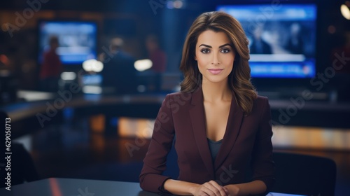 a photo of a tv news female presenter on a popular channel. live stream broadcast on television. beautiful white american british woman in a suit. weather forecast in a studio. Generative AI